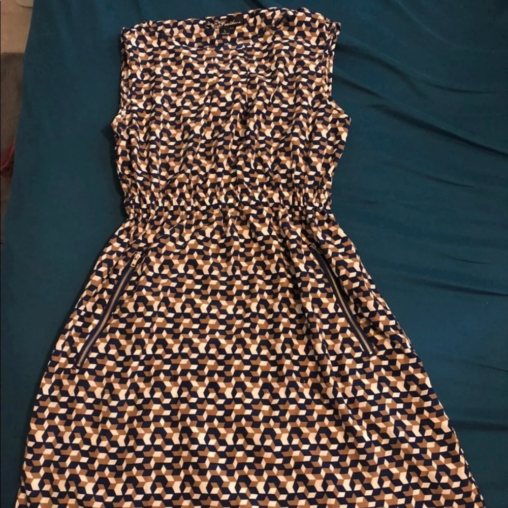 Casual geometrical dress - blue brown white